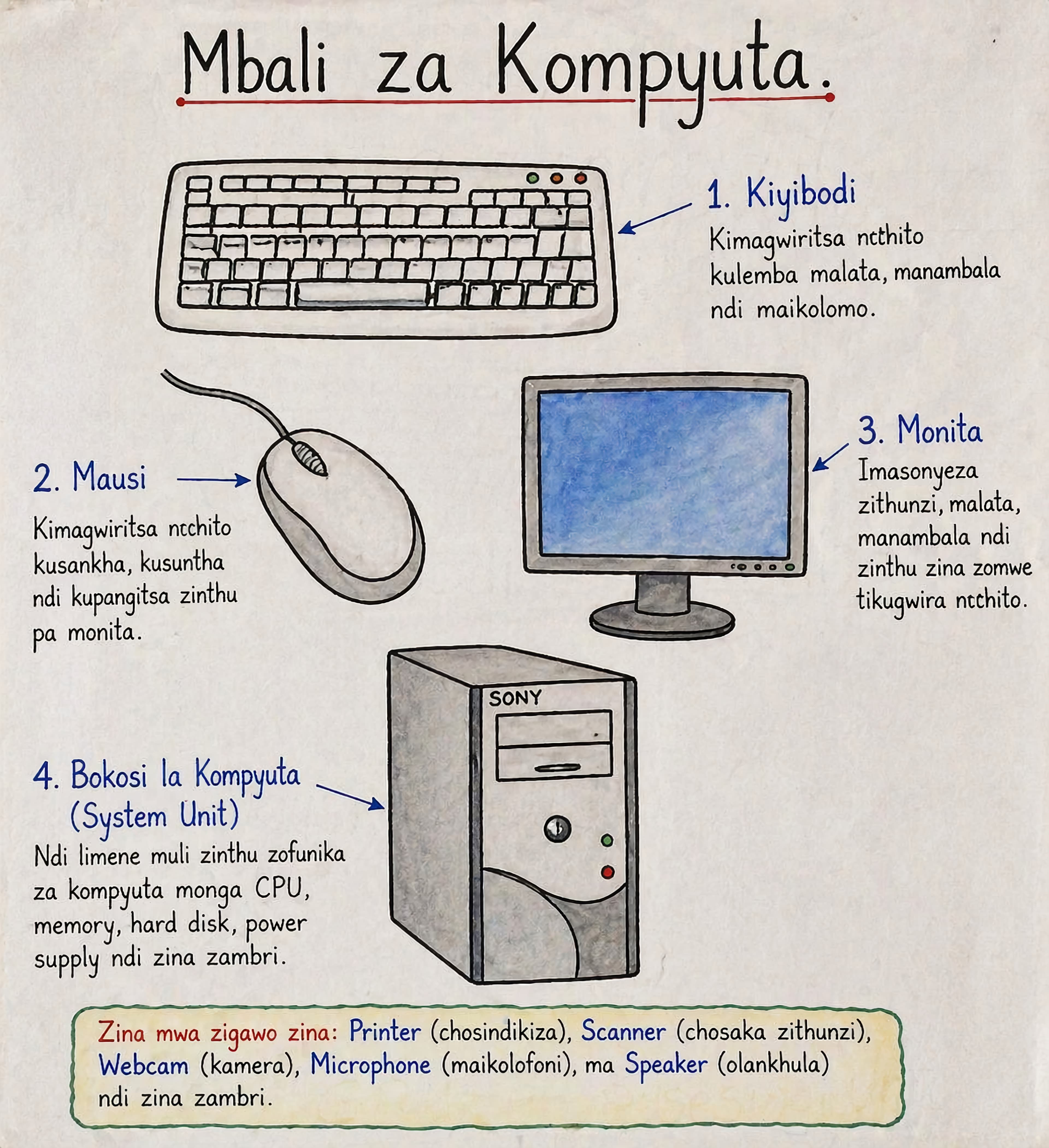 Hand-drawn diagram titled 'Mbali za Kompyuta' (Parts of a Computer) in Nyanja, labeling keyboard, mouse, monitor, and system unit with descriptions in the local language