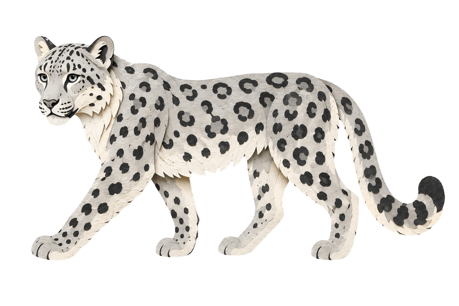 Paper-cutout style illustration of a snow leopard