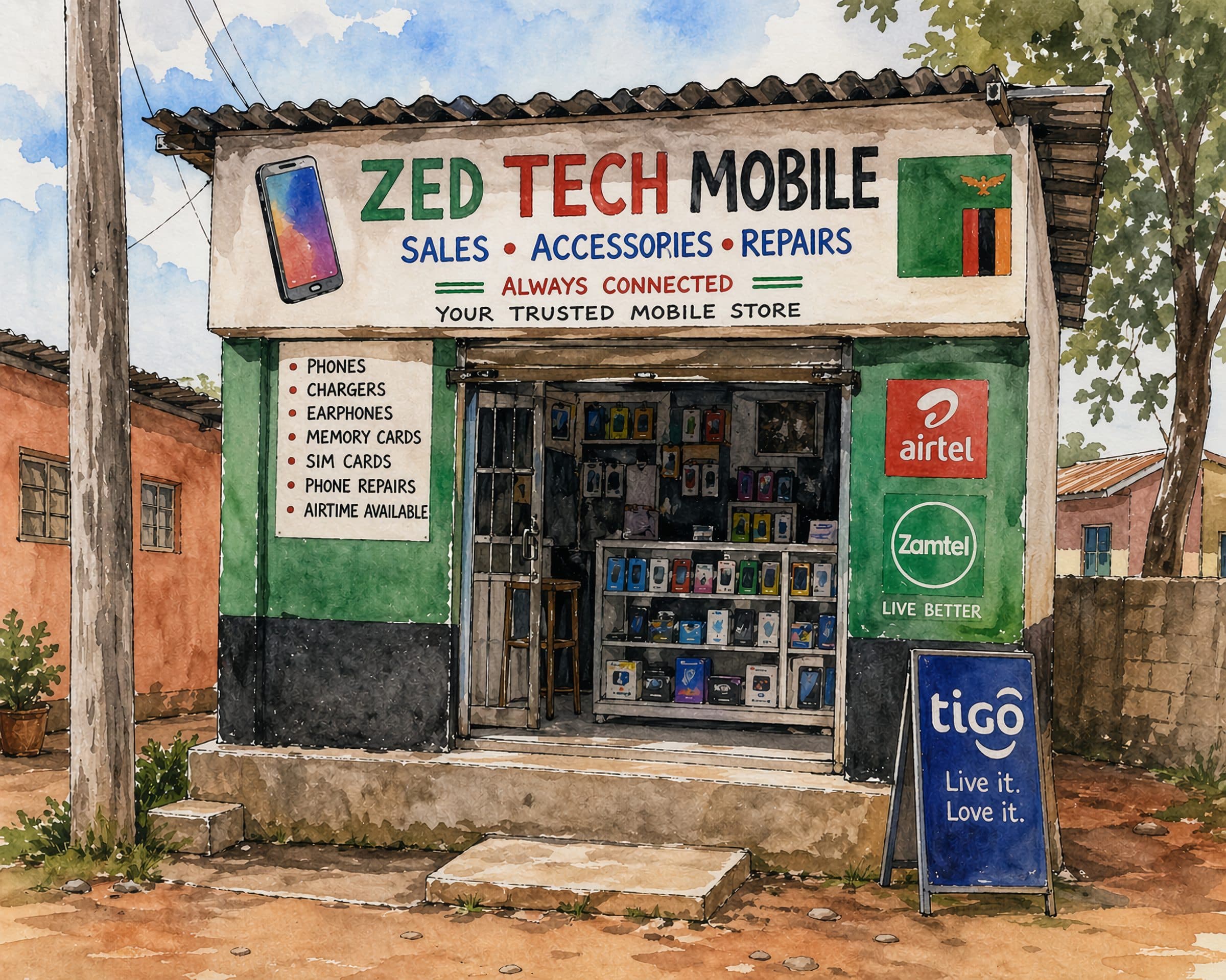 A Zambian mobile phone shop with handsets and accessories on display, representing the informal electronics market where components and devices were sourced